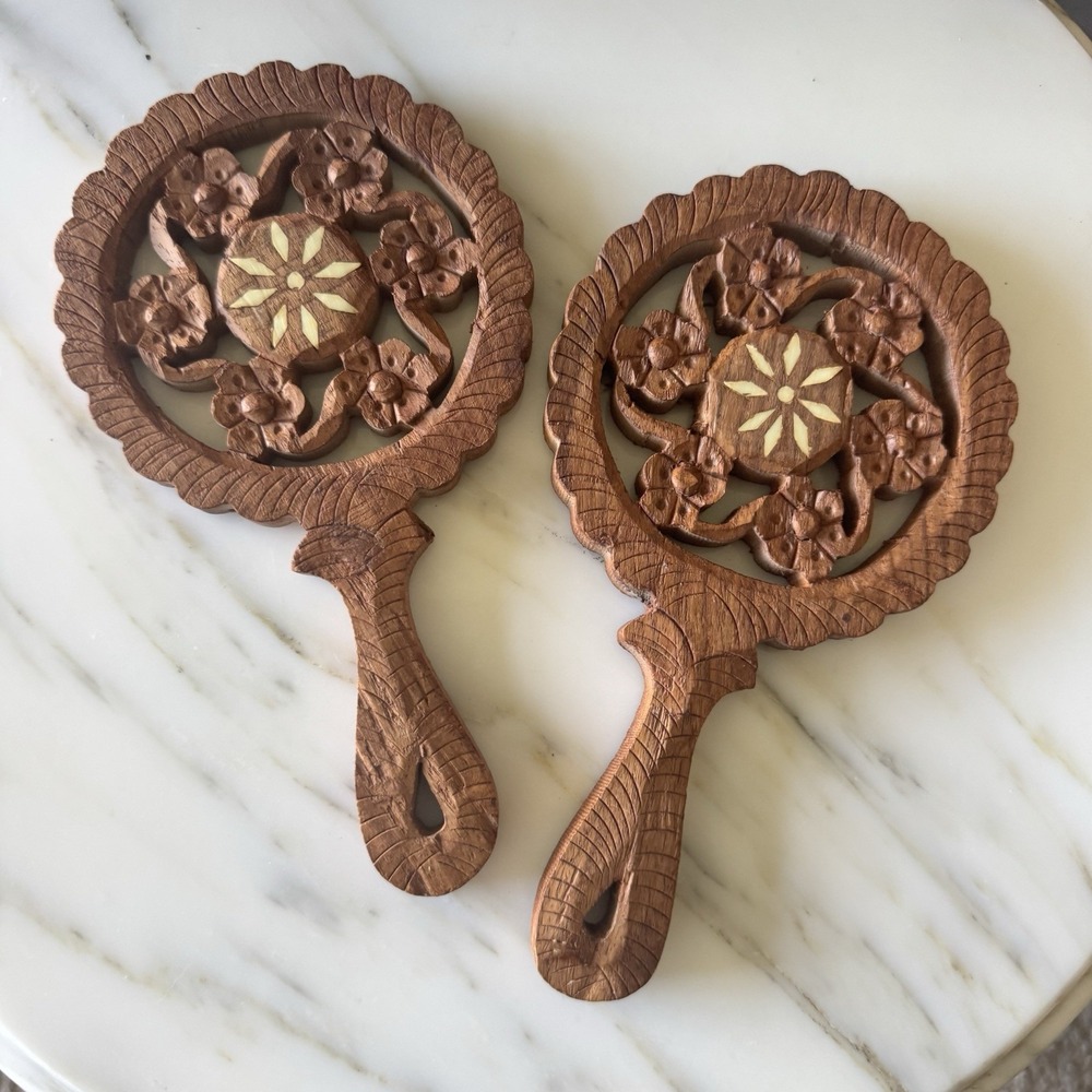 Set of 2 Vintage Archana Handicrafts Hand Carved Wood Inlay Trivets Handles